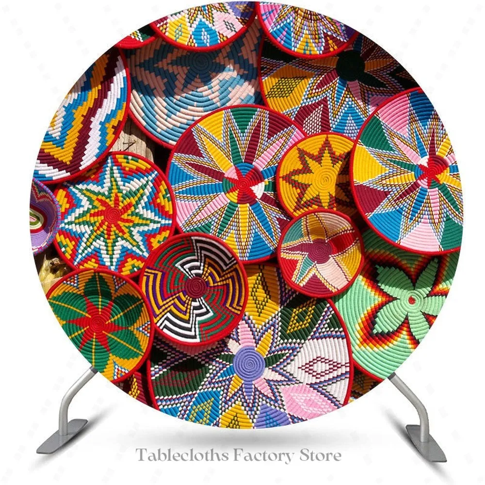 Tableclothsfactory Mexican Traditional Ethiopian Round Backdrop Flowers Pattern Africa Colorful Circle Cover for Party Birthday