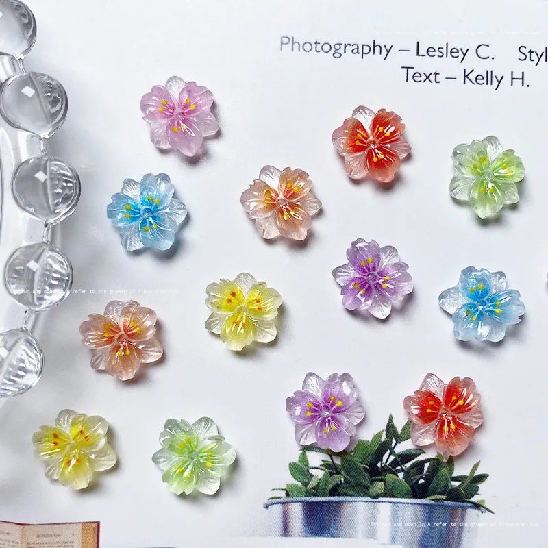 50pcs Ice Transparent Sakura 3D Arcylic Nail Art Decorations Charms Kawaii Accessories Colorful Five Petal Flower Manicure Parts