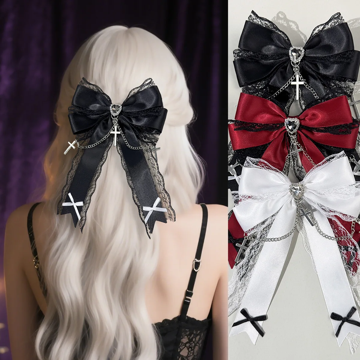 

24pc Gothic Heart-Shaped Cross Lace Embroidered Bow Hair Clips with Long Tassels for Women And Girls Bulk Pack of Side Hairgrips