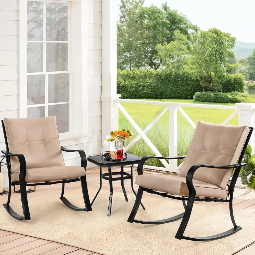 Outdoor 3-Piece Rocking Chairs Patio Bistro Set Black Steel Furniture with Thickened Cushion and Glass-Top Coffee Table,