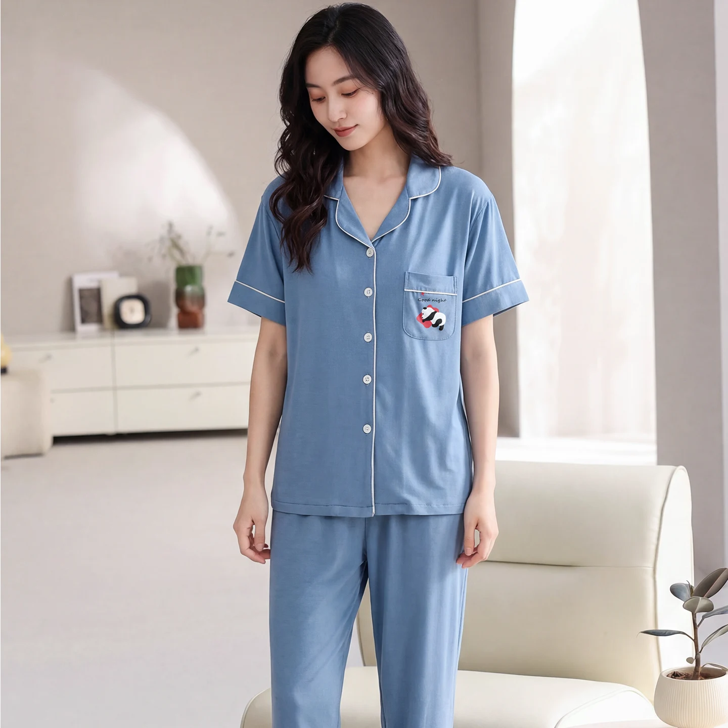 Women Pajama Set Modal Pijamas Mujer Cardigan Sleepwear Lady Short Sleeve Long Pants Summer Nightwear Femme 2Pieces Set Homewear 6