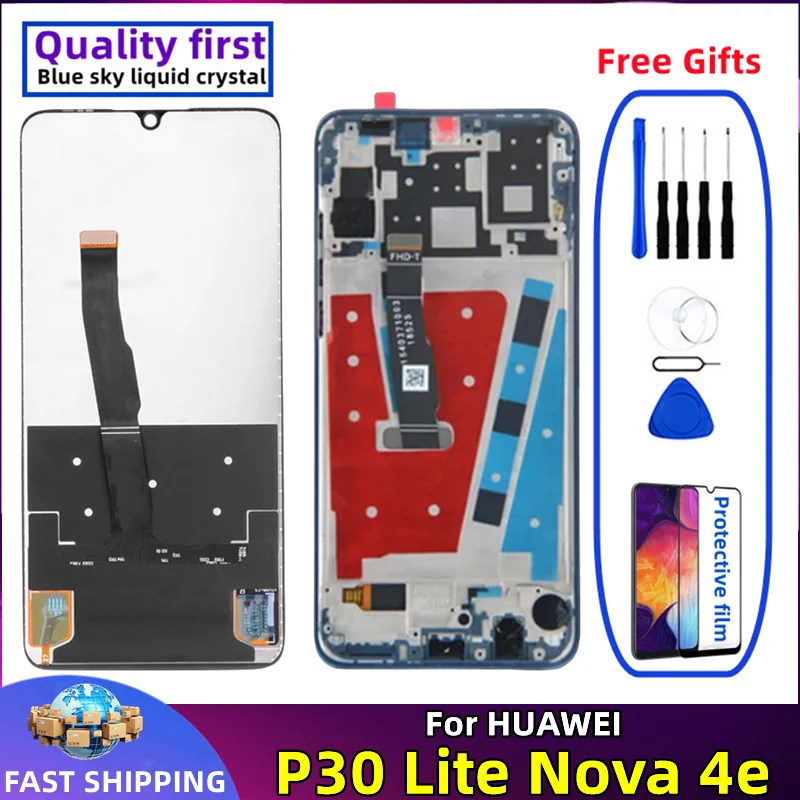 LCD Touch Screen Digitizer Assembly Replacement, Original with Frame, Mobile Phone Display, Huawei P30 Lite, Nova 4e