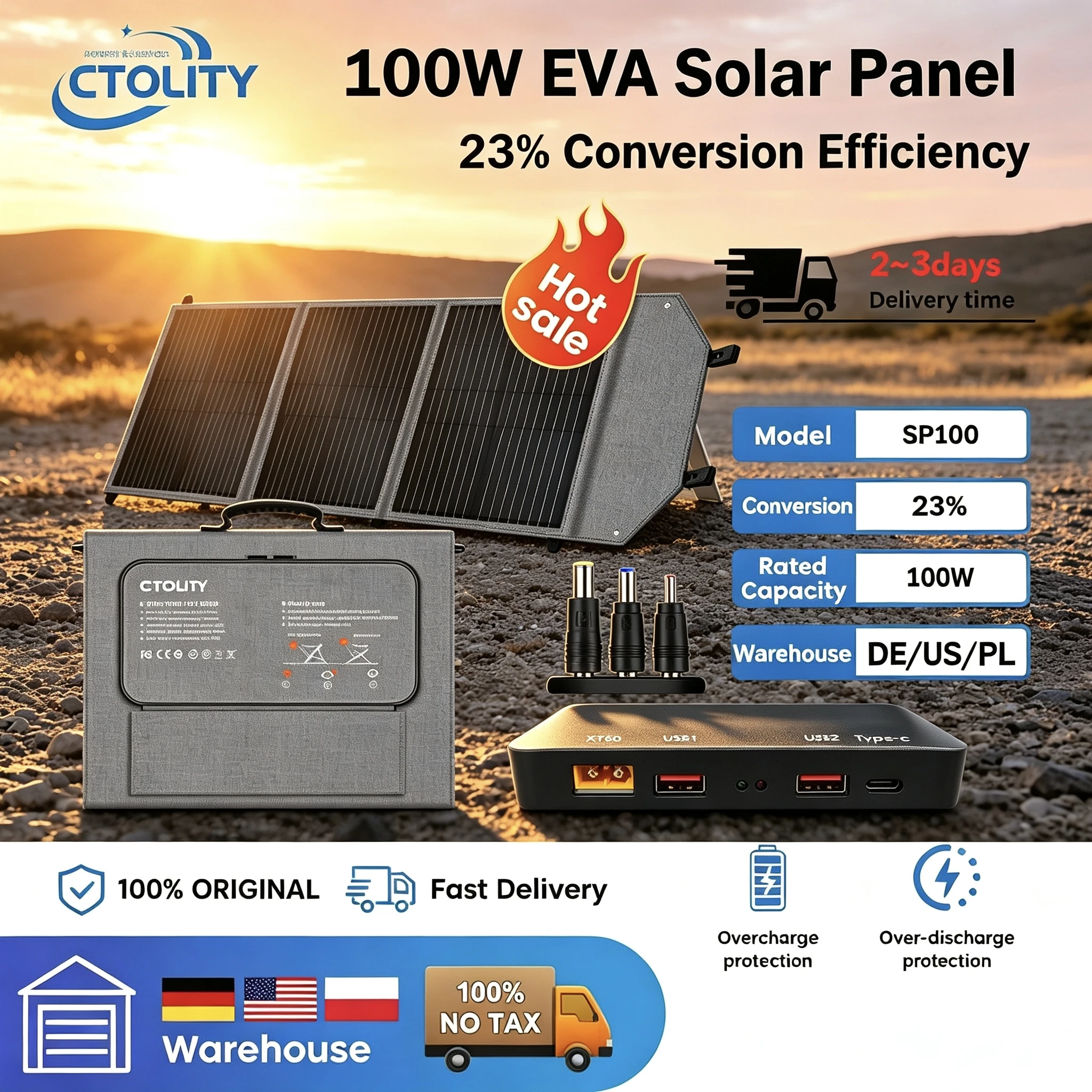 CTOLITY SP100 100W Flexibles Solarpanel 20,5V Tragbare Faltbare Tasche 23% Effizienz Energiespeicher USB Typ-C für Solarladestation Powerstation Powerbank