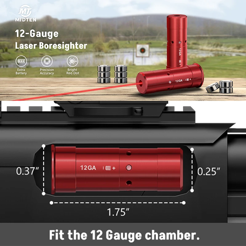 MidTen Tactical  12GA Gauge Bore Sight Red Laser Dot Boresighter with 9 Batteries Cartridge Scopes Hunting Aiming Optical Instru