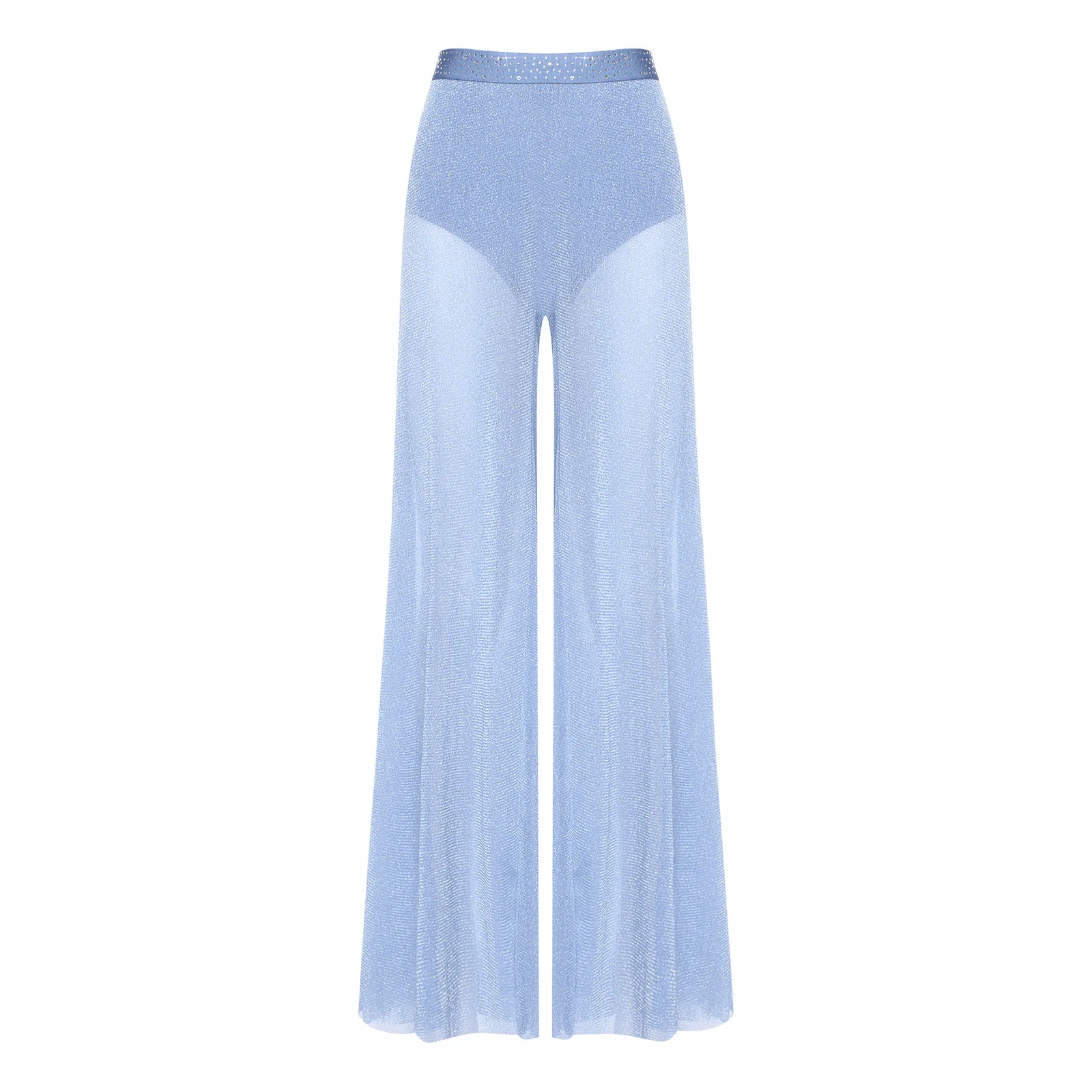 

Womens Lyrical Dance Pants Rhinestone Waist Shimmering Mesh Legs Wide Leg Pants Modern Dance Costume for Stage Prom Performance