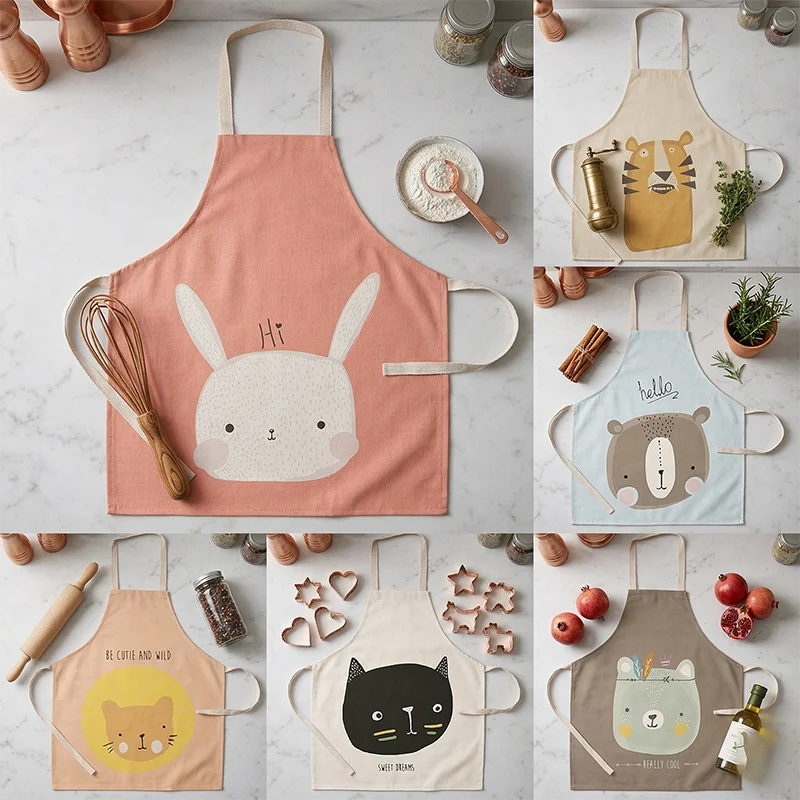

Nordic Cute Animal Rabbit Cat Apron Cotton Linen Kitchen Cooking Baking Smock Pinafore Women Girls Housework Cleaning Bib