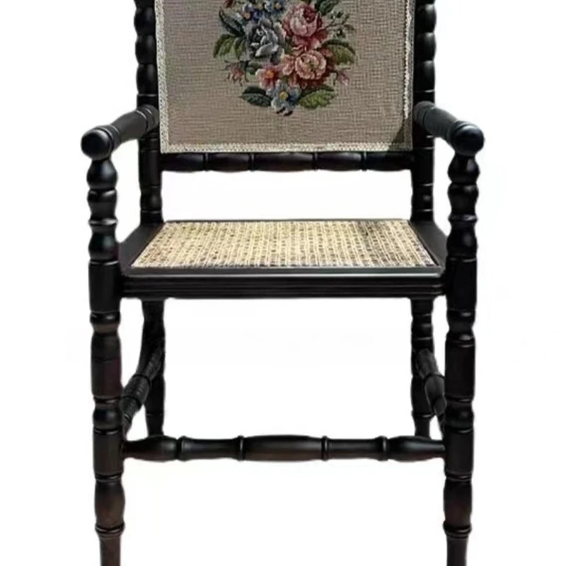 

French American solid wood retro old dining chair, medieval embroidery casual small apartment balcony