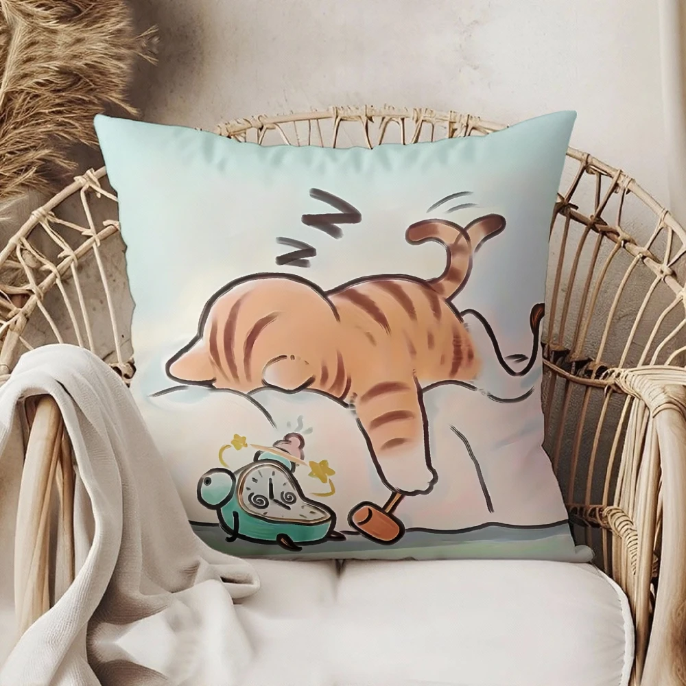 Square Pillow Case Light Blue Cute Sleeping Orange Cat Knocking Alarm Clock Pattern For Living Room Sofa Bedroom Home Decor