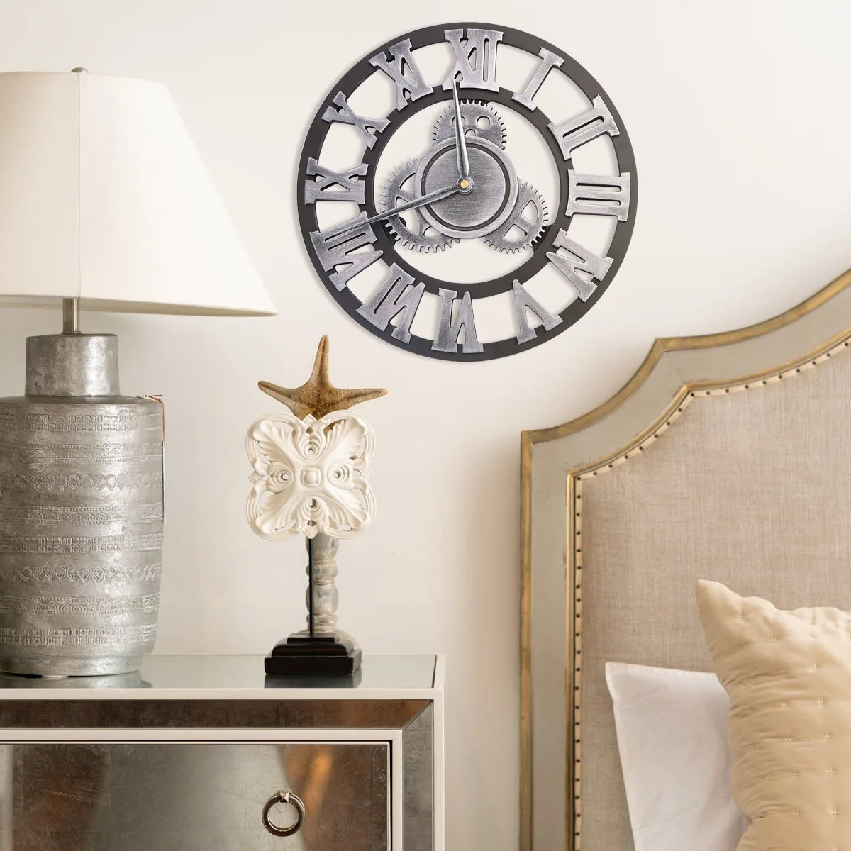 

Industrial Gear Wall 40Cm Silver Decorative Hanging Clock For Bedroom Living Room Kitchen Creative Retro Chic Wall