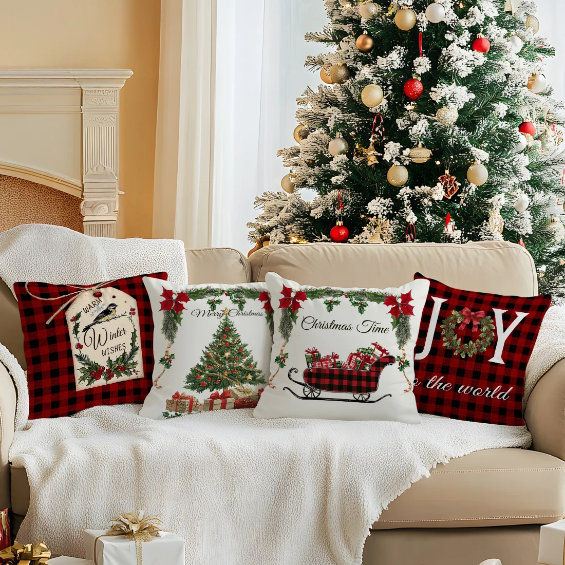 Checkered Christmas Style Pillowcase Printed Polyester 45x45cm Throw Pillowcover Decorative Sofa Cushion Pillowslip Home Decor