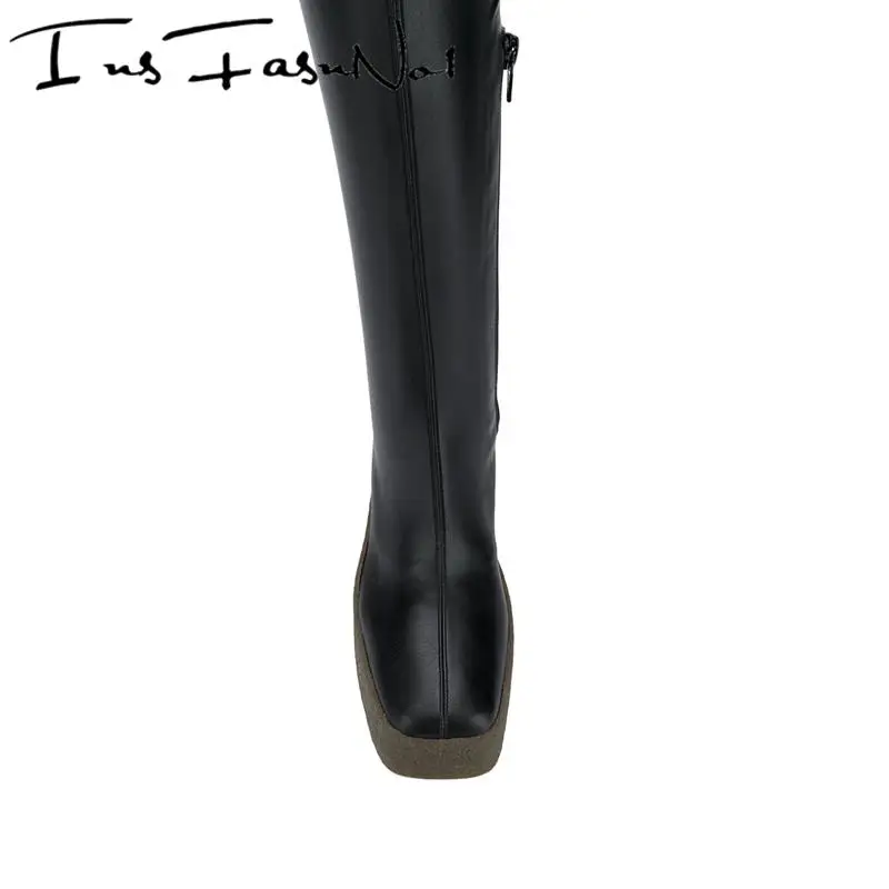 Elasruc Schwarz Oberschenkel Stiefel Plattform Hohe Ferse Über das Knie Stiefel Frauen Zip Stretch Chunky Ferse Schuhe Damen Designer Hohe heels