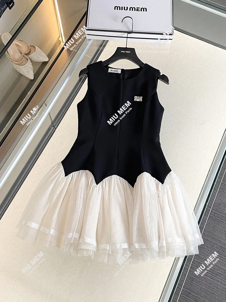 

High-End Summer Vest Dr Net Gown Svel Puffy Princ Sle Commute Simple High Waist ort A-Line Skirt Zipper Closure