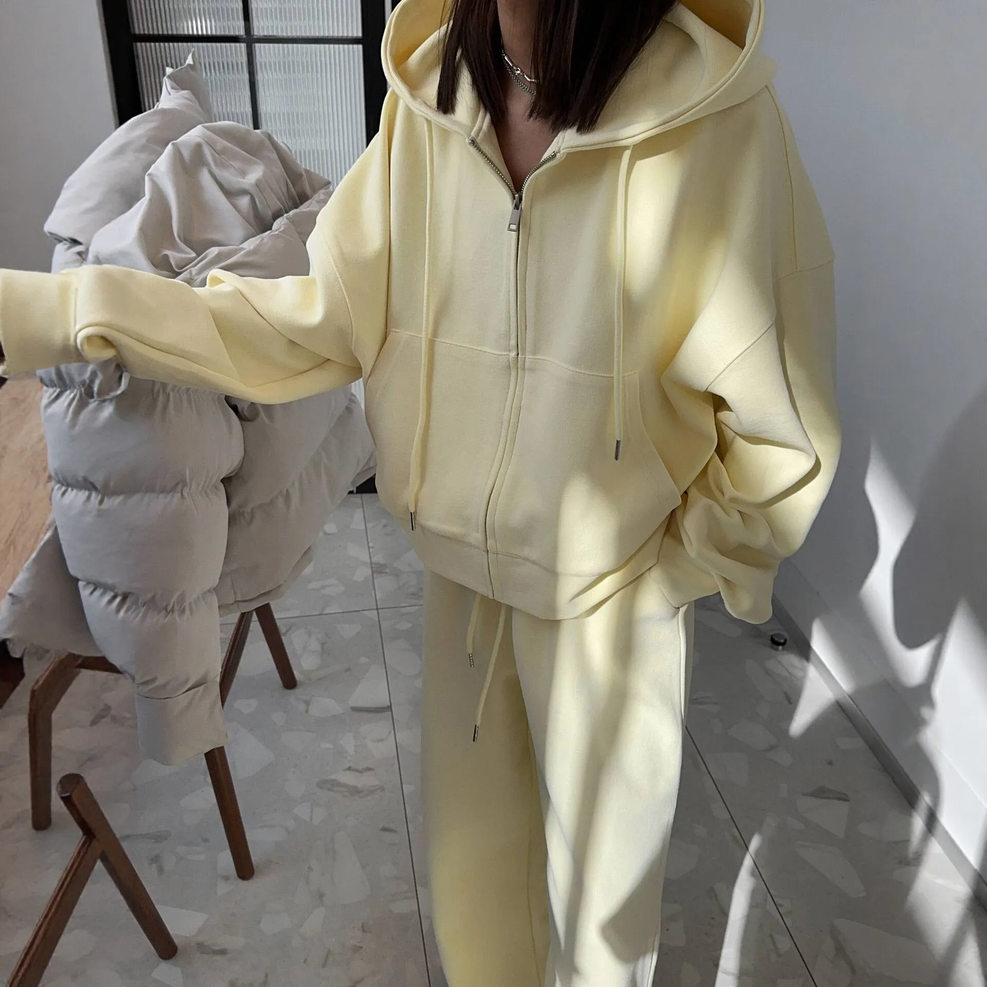 Pant Set Women Two Piece Sets Jogger Tracksuit Hooded Zipper Coats Wide Leg Long Pants Lace Up Elastic Waist Y2k Streetwear