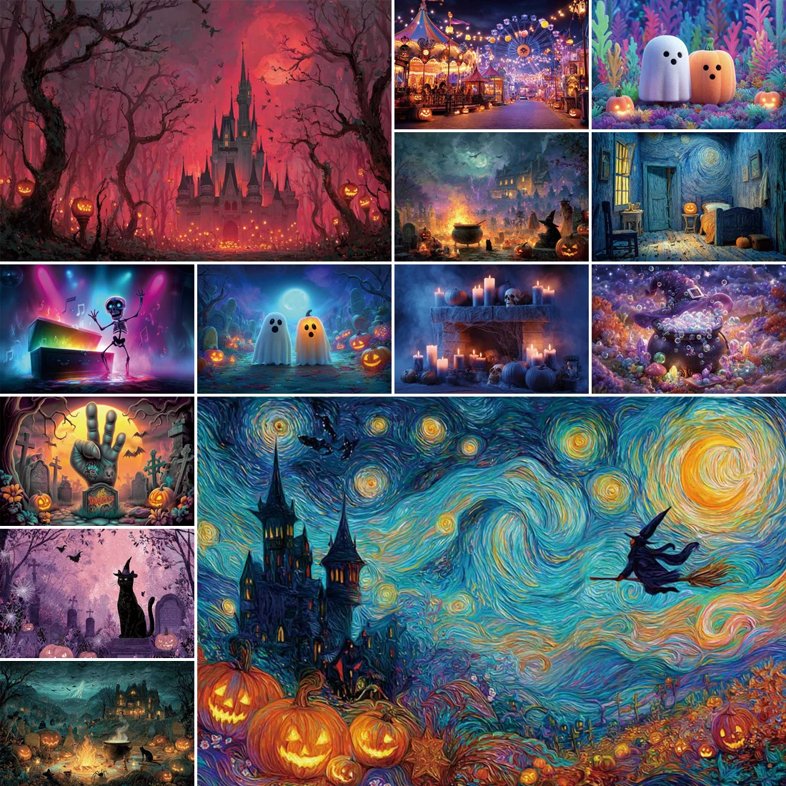 

MOON.QG Fantasy Halloween Decoration Backdrop Oil Painting Magic Cauldrons Cat Pumpkin Lanterns Photography Background Photozone