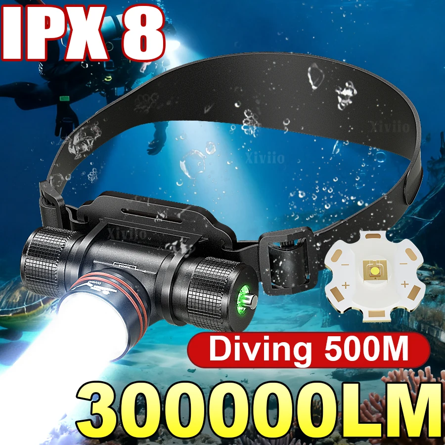 

300000LM Professional LED Scuba Diving Headlamp IPX8 Rate Waterproof Headlight Underwater 500M 18650 Battery Dive Head Torch