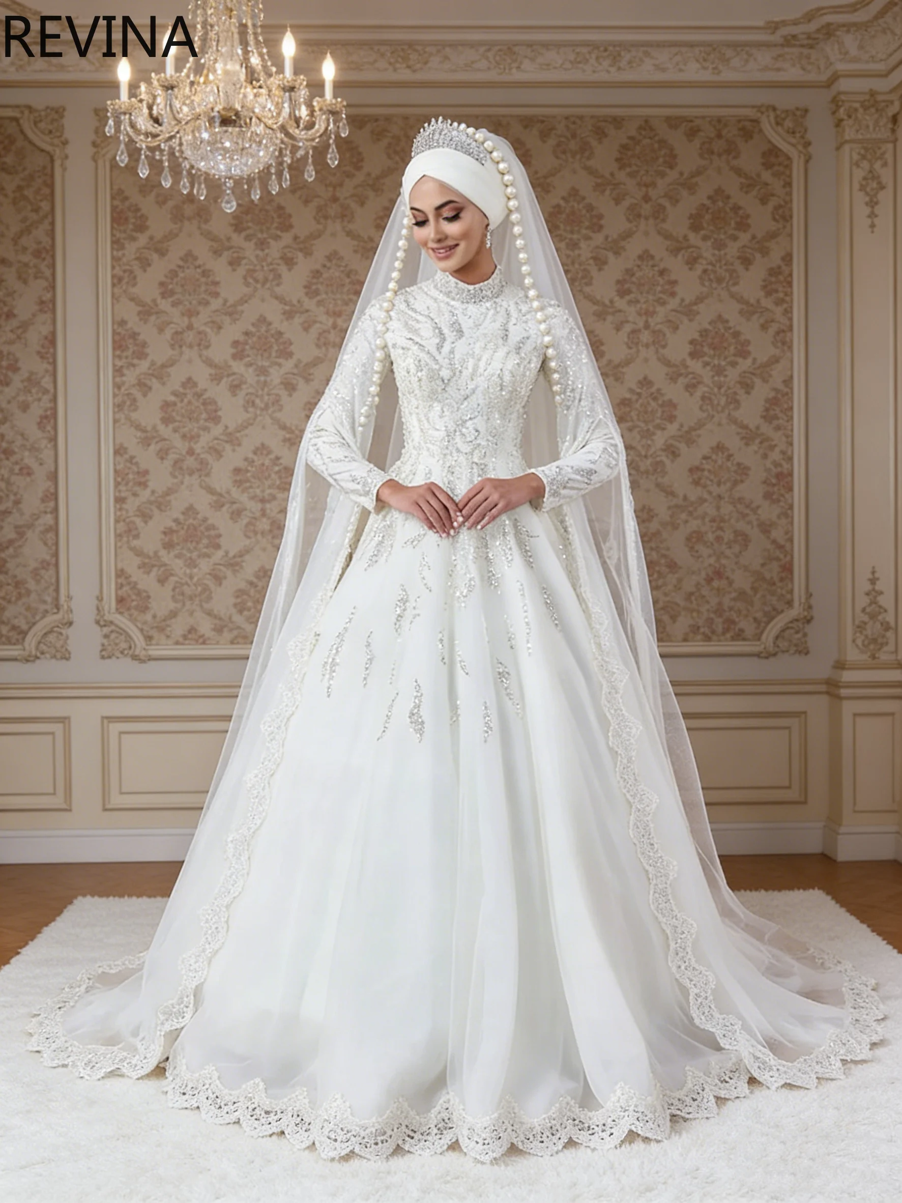 

Elegant A-line Wedding Dress Long Sleeved High Neck Sequined Bead Bridal Gown for Arabian Muslim Vestido De Novia Customized