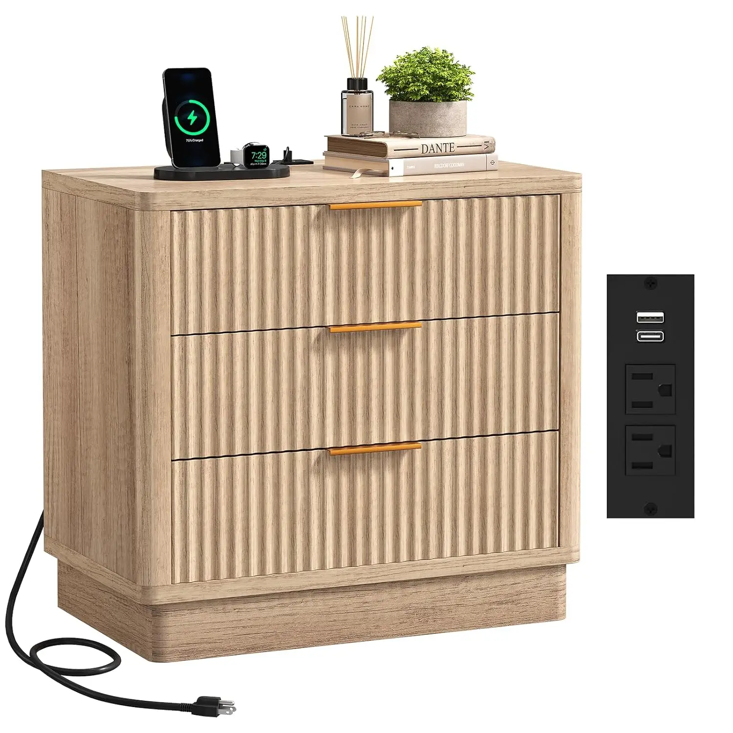 

Прикроватная тумбочка 23,6 дюйма с рифленой отделкой и зарядной станцией, из натурального дуба, с USB-портом, большая, с 3 ящиками, на заказ