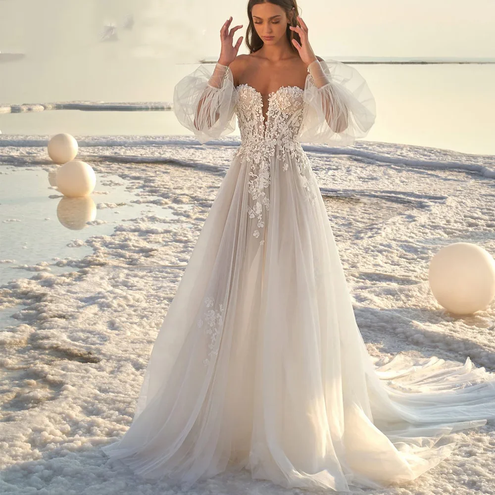 

LISER Stunning Beach Wedding Dress 2023 For Women Off Shoulder Princess Tulle Lace Puff Sleeves Sweep Train Civil Bride Gown