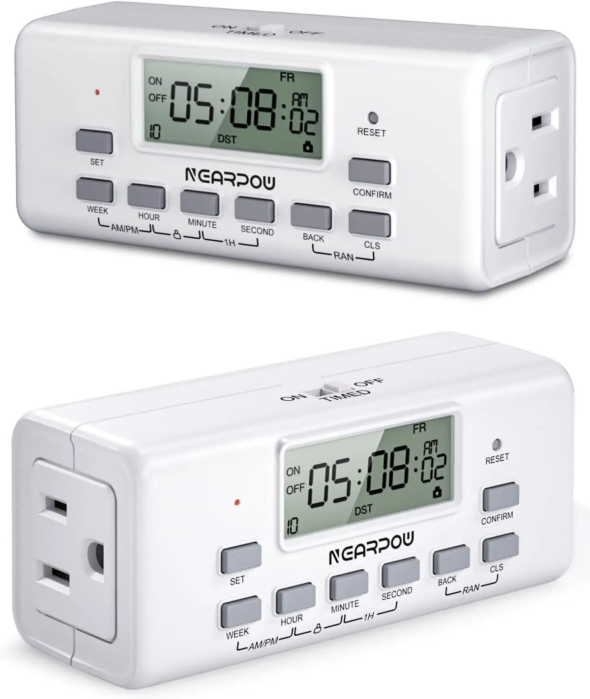 Paquete de 2 Temporizadores Digitales con Doble Enchufe, Programables para Luces y Electrodomésticos, 10 Programaciones, Control de 7 Días