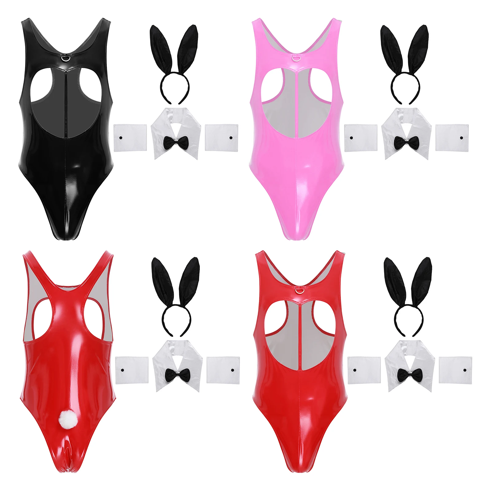 

Men Wet Look Bunny Cosplay Costume Latex Bodysuit Rabbit Ear Headwear Bowtie Collar and Cuffs for Halloween Party Drag Queen Set