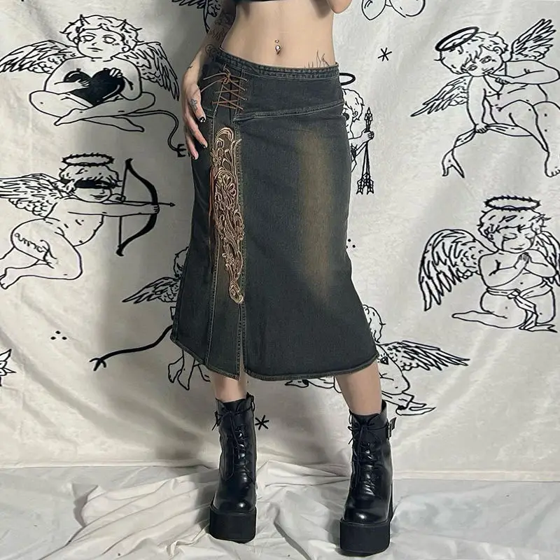 Denim Skirt Lace Up Embroidery Split Casual Streetwear Low Waist Midi Skirts Vintage Women 202 Spring And Summer Fashion Ladies