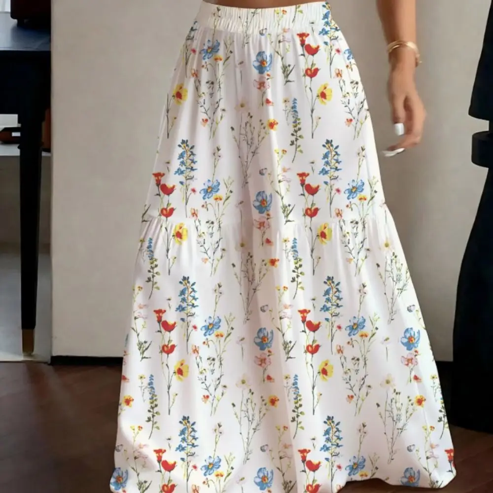 Pastel Floral Print Wide Leg Pants Elastic Waistband Flowy Drape High Waist Trousers Full Length Tiered Seam Floral Pants