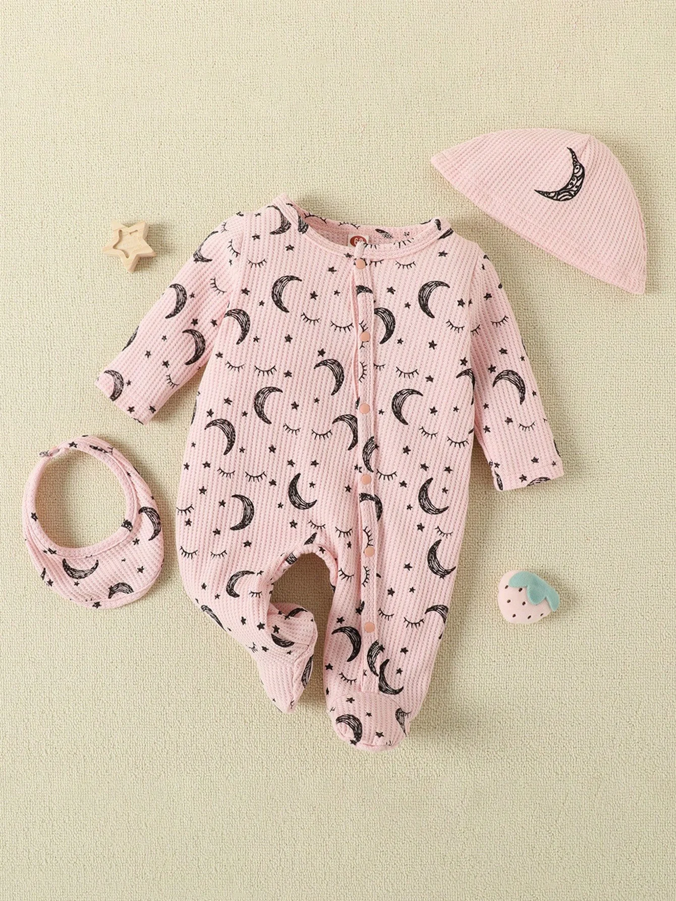 Baby Girl Moon and Star Pattern Long-Sleeved Round Neck Jumpsuit & Hat & Saliva Towel Three-Piece Set