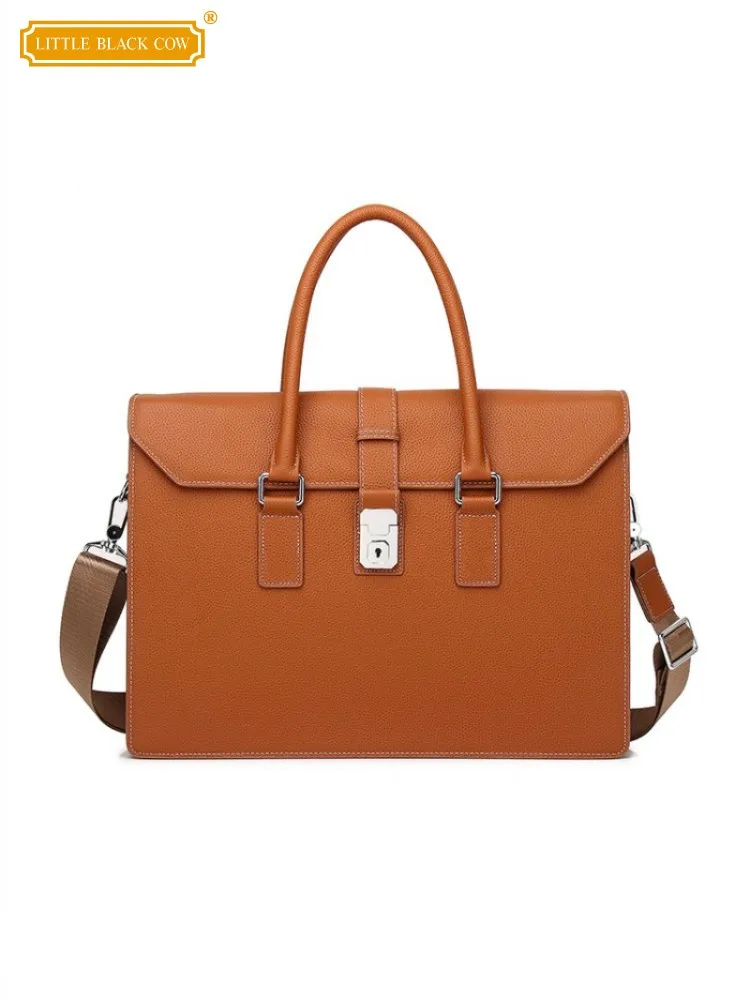 Office Work Men Genuine Leather Tote Handbag Hasp Solid Color Cowhide Briefcase Business Casual Single Shoulder Crossbody Bags