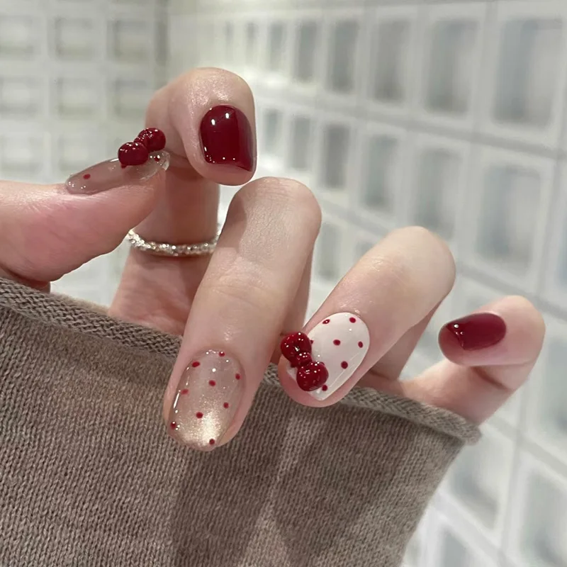 

24PCS Sweet Red 3D Bowknot Polka Dots Short Square False Nails Glitter Cat Eye Cute Simple French Press on Nails Trendy Manicure