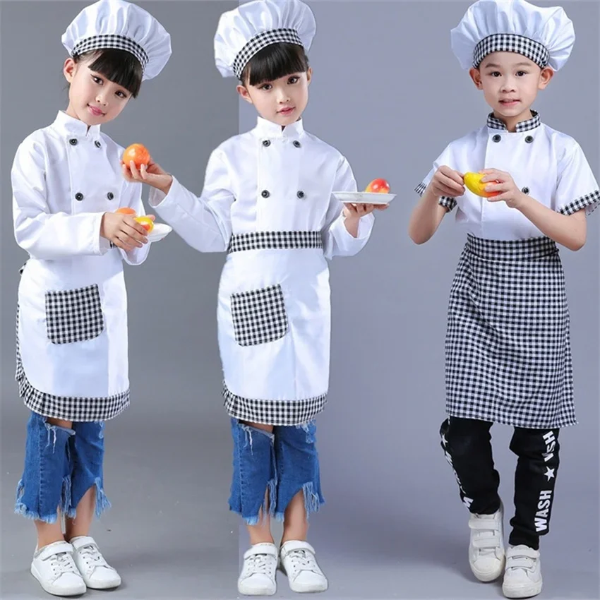 Kids Chef kurtki kuchenne Roleplay Uniform Cook Hat restauracja Cosplay kostiumy Halloween dzieci kelner kelnerka zestawy ubrań