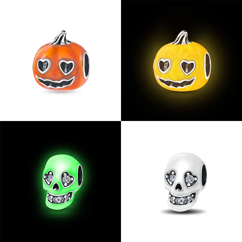 925 Sterling Silver Glow-in-the-dark Spooky Pumpkin Halloween Symbols Beads Fits DIY Bracelet & Bangle Jewelry Anniversary