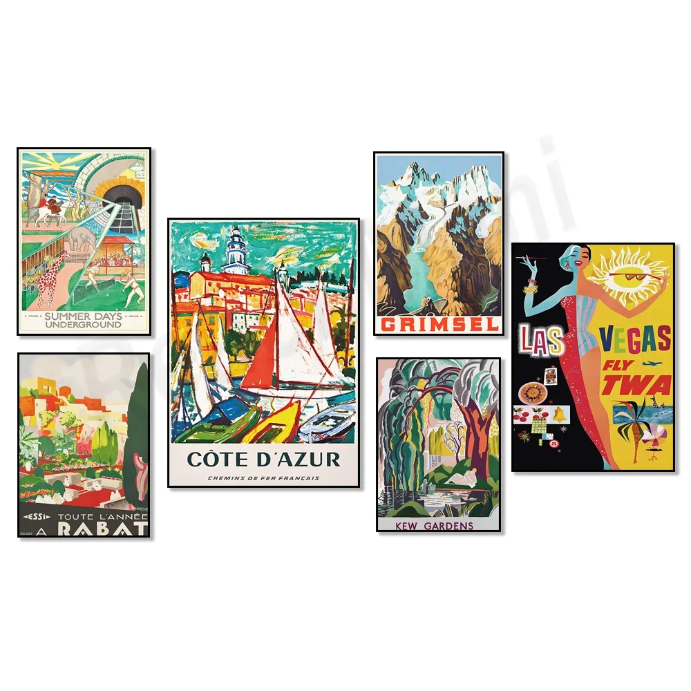 Great Barrier Reef, Grimsel Switzerland, Saint-Etienne, Australia, India, Cote d'Azur, Kew Gardens, Las Vegas retro travel poste