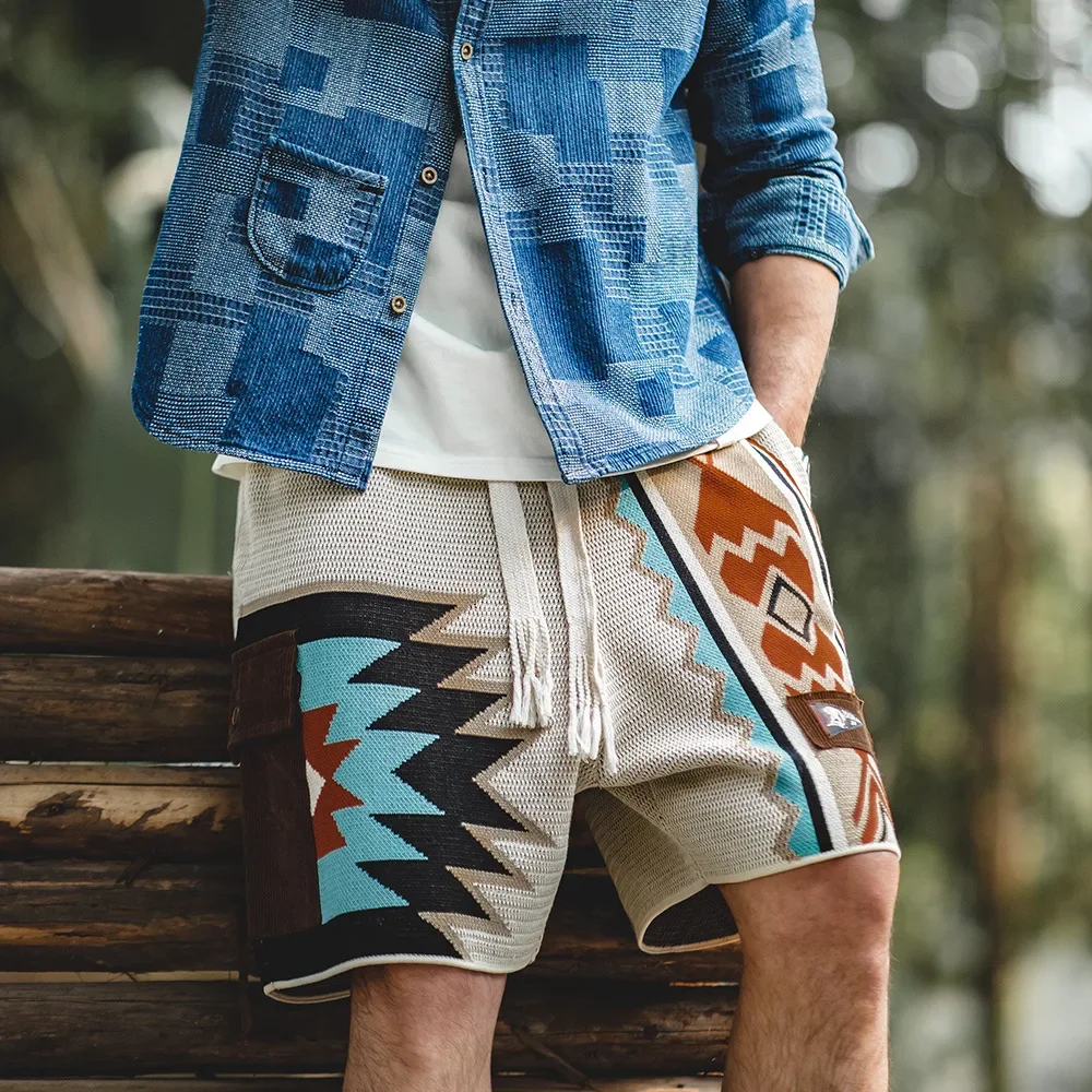 Unique Navajo knitted shorts with contrasting embroidery design shorts