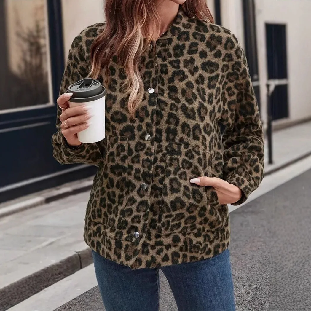 ليوبارد قصيرة فو الفراء سترة واحدة الصدر فضفاضة المرأة أفخم معطف طويل الأكمام الرجعية فروي الستر الخريف الشتاء رقيق القمم