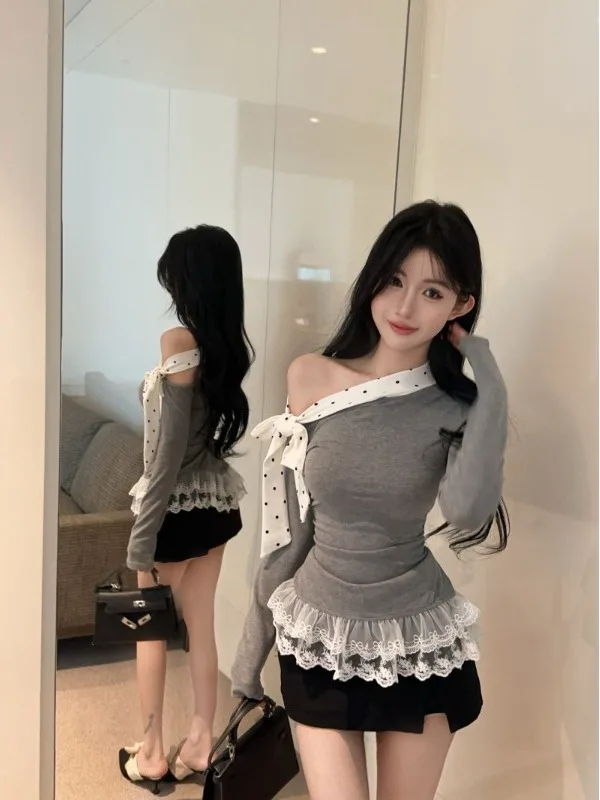 Feminine Polka Dot Splice Fleece Lined Base Shirt Sexy Shoulder Bared Long Sleeve Asymmetrical Collar Upperwear for Young Women