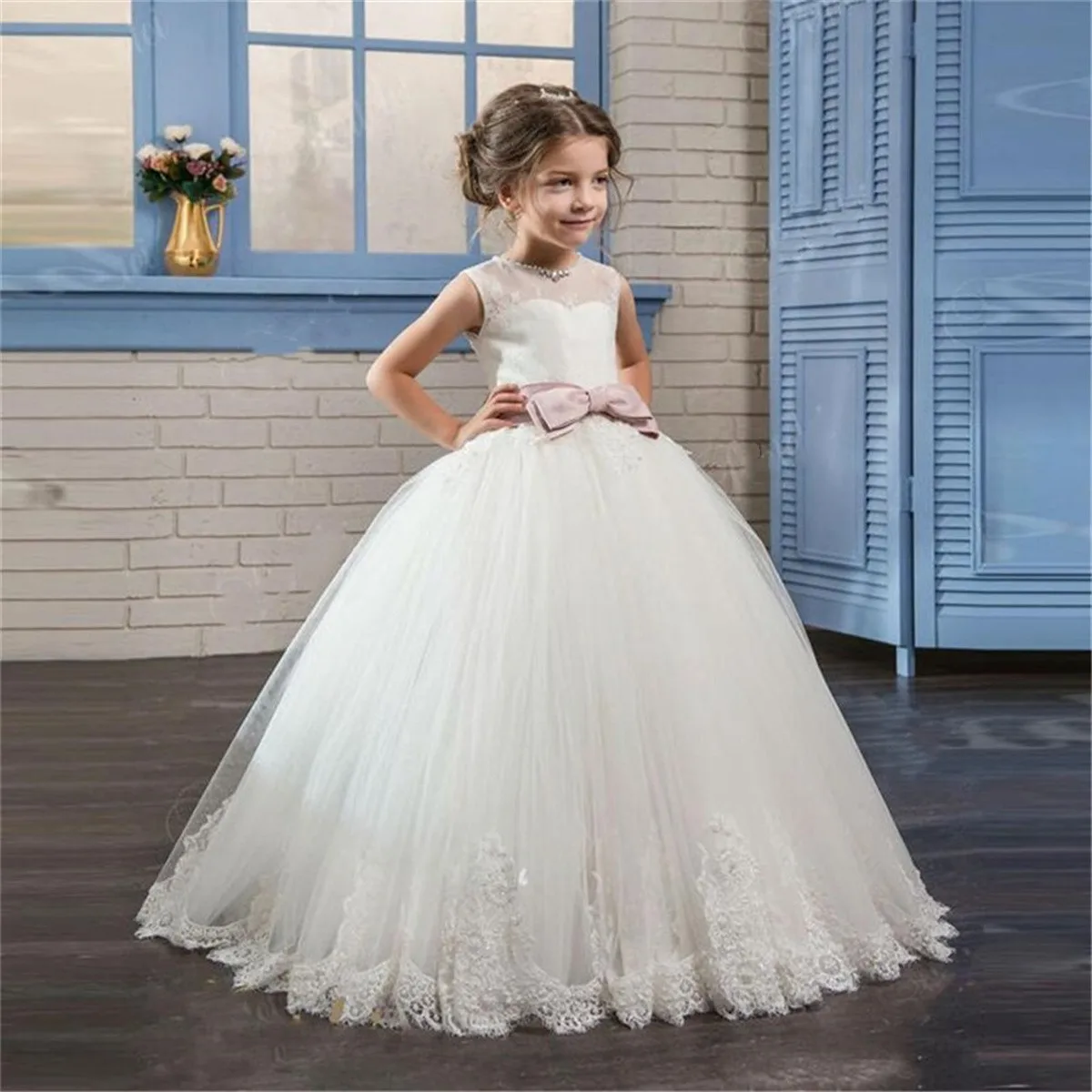 

Fluffy Tulle Flower Girl Dress Bowknot Sleeveless O-neck First Party Birthday Dress Wedding Elegant Children's Ball Gowns