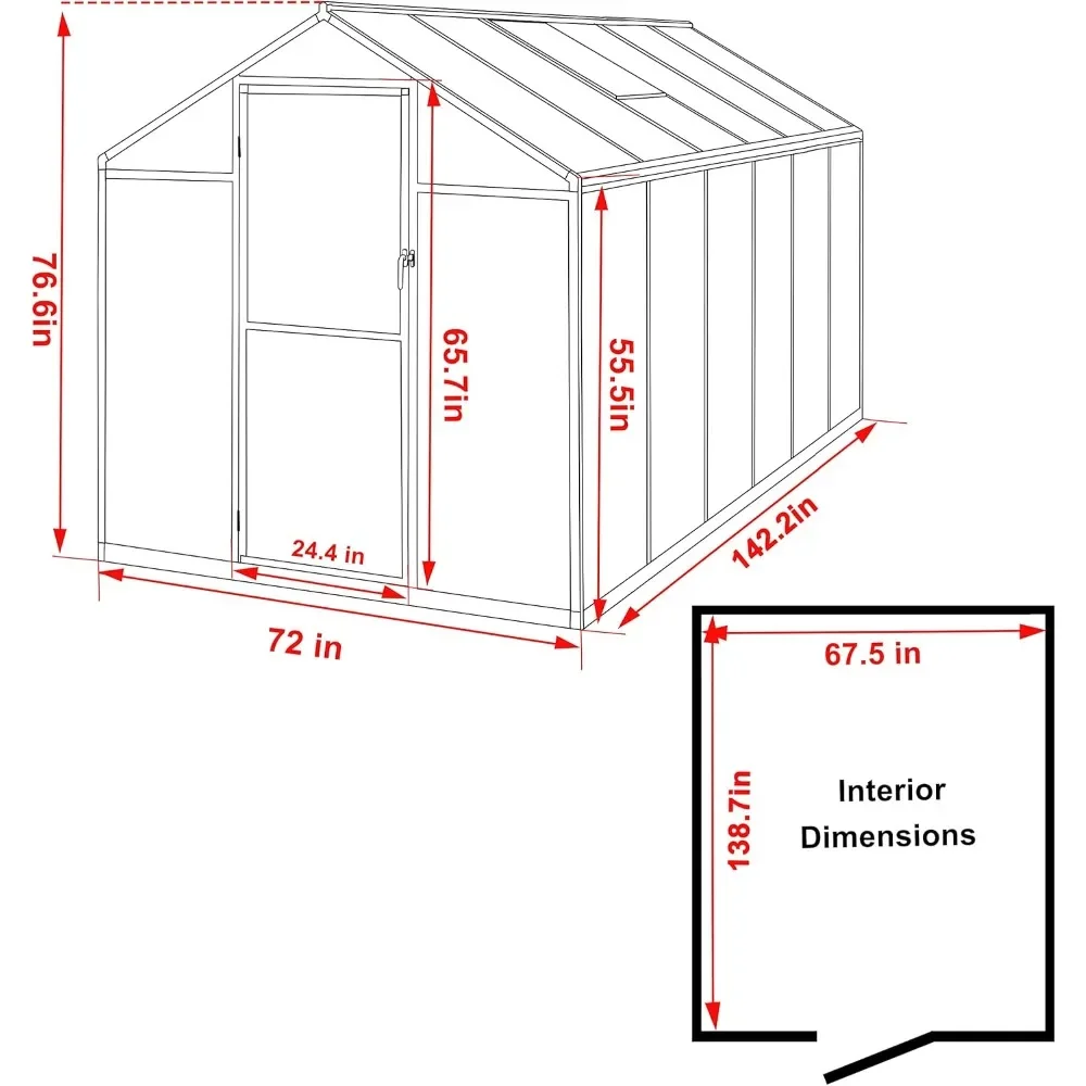 6’x12’Greenhouse for Outdoors,Rivet Structure Greenhouse 4mm Twin-Wall Polycarbonate, Aluminum Heavy Duty Greenhouse for Winters