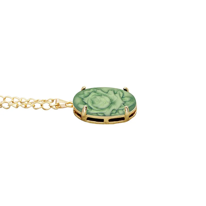 Green Flower Cameo Necklace Earrings Sets For Women Gold Color Oval Claw Pendant Fashion Jewelry