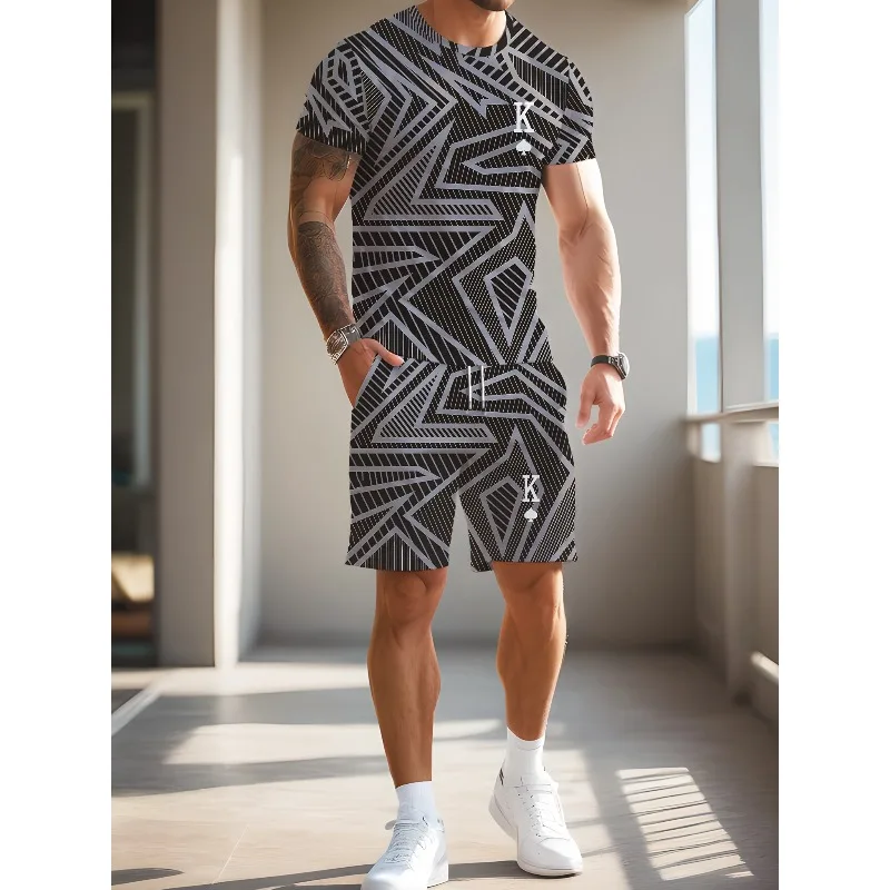 2025 New Summer Fashion 3D Digital Geometric Line Painted Print Men's Shorts Short Sleeved Set Round Neck T-shirt Two-piece Set
