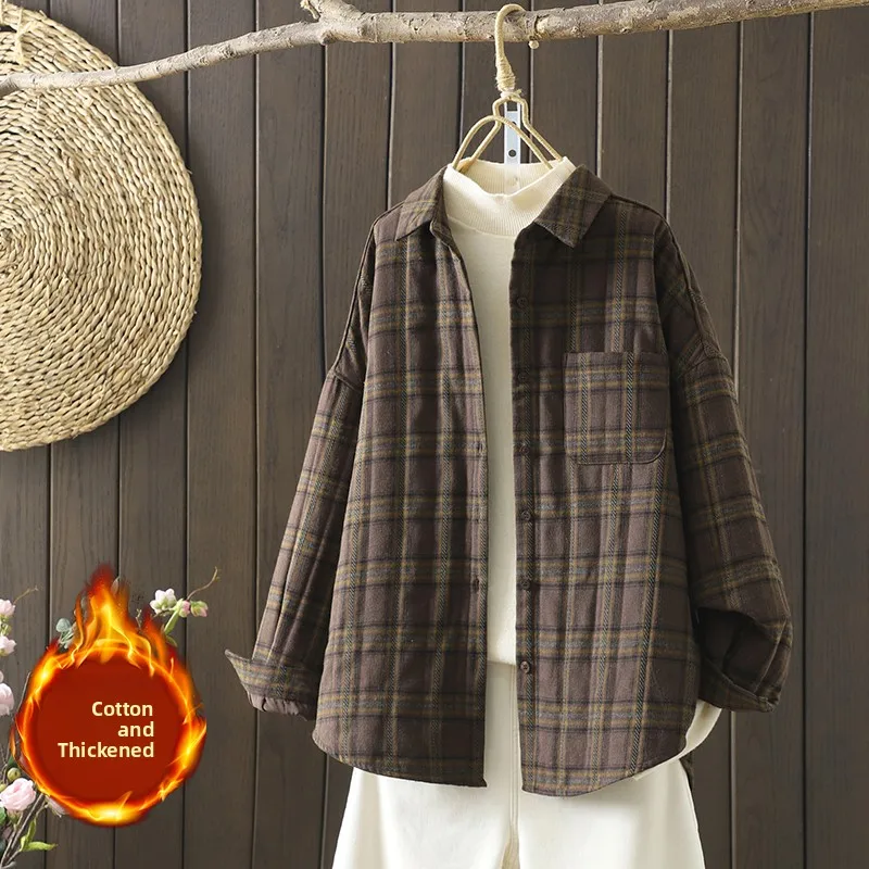 レトロな格子縞の綿素材の女性用ロングスリーブルーズ韓国風スリーブルーズ秋春アウターウェアボタンアップレイジートップ