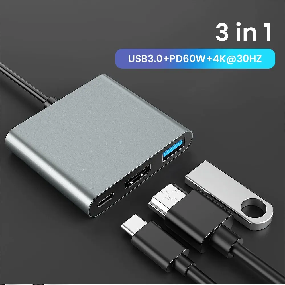 3-in-1 USB C Hub z zasilaniem 60W typu C 4K HDMI Square Przenośny adapter z wieloma portami do MacBook Air/Pro ChromeBook