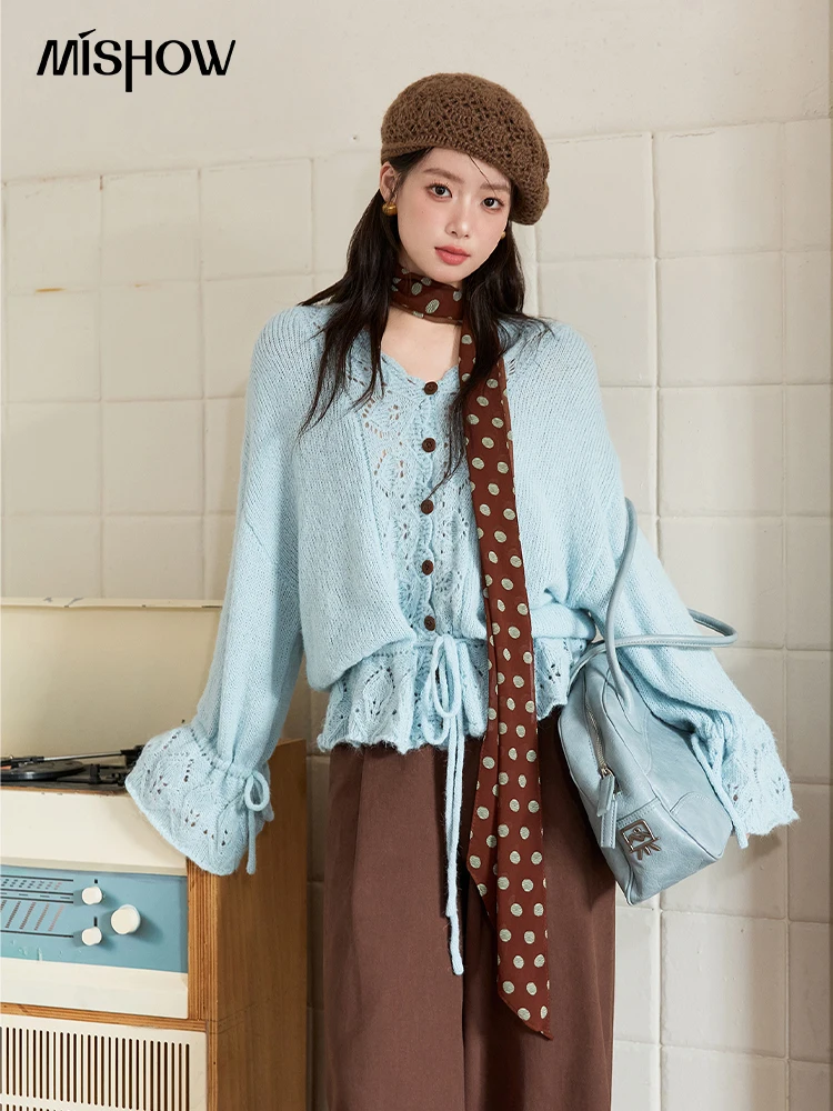 

MISHOW элегантный женский кардиган, осень 2022, дизайн, полый вязаный свитер, свободный повседневный свитер с v-образным вырезом и расклешенными рукавами MXE47Z2513