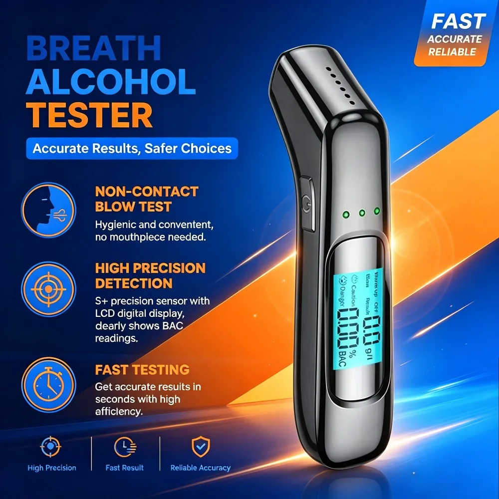 Non-Contact Breath Alcohol Tester Rechargeable High Accuracy LCD Digital Breathalyzer Fast Test LED Warning Portable for Driver