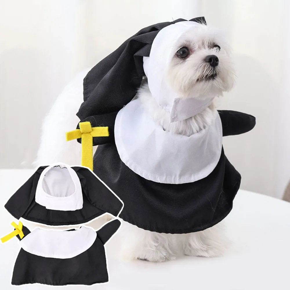 Funny Pet Costume Set Small Dog Cat Halloween Nun Cosplay Nun Headwear Dog Clothes Pet Dress Up Costume Sets DIY Pet Supplies