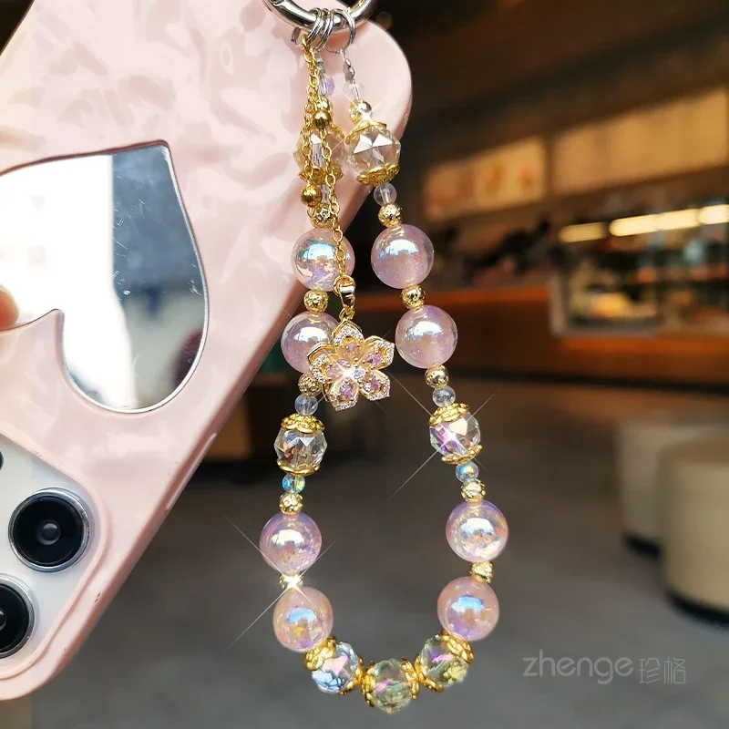 Mobile Phone Chain Luxury Dream Beads Pink Beaded Mobile Phone Lanyard Women\'s Advanced Sense of Crystal Flower Pendant