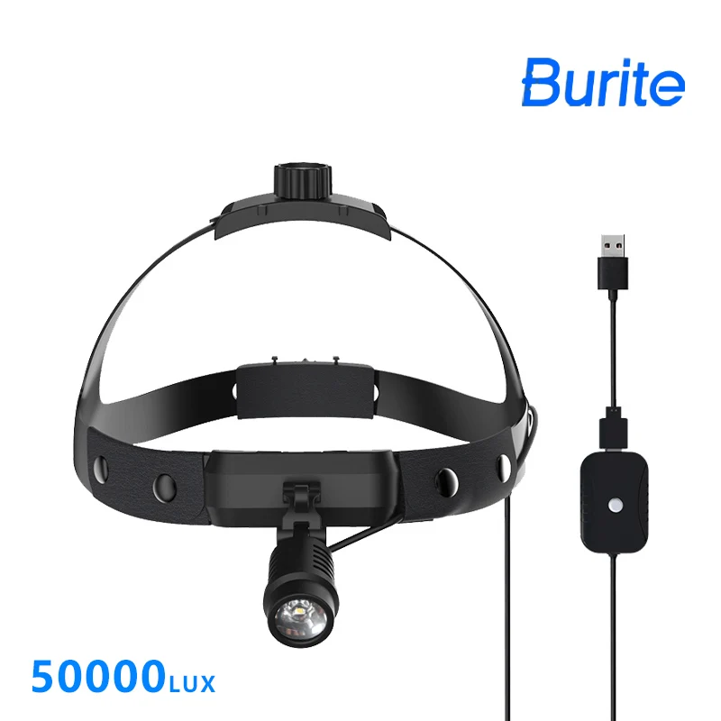 Burite 50000LUX Lampada ad alta intensità Casco per operazioni odontoiatrici Lampada frontale USB medica (senza batteria) Faro LED (JU-M01-F)