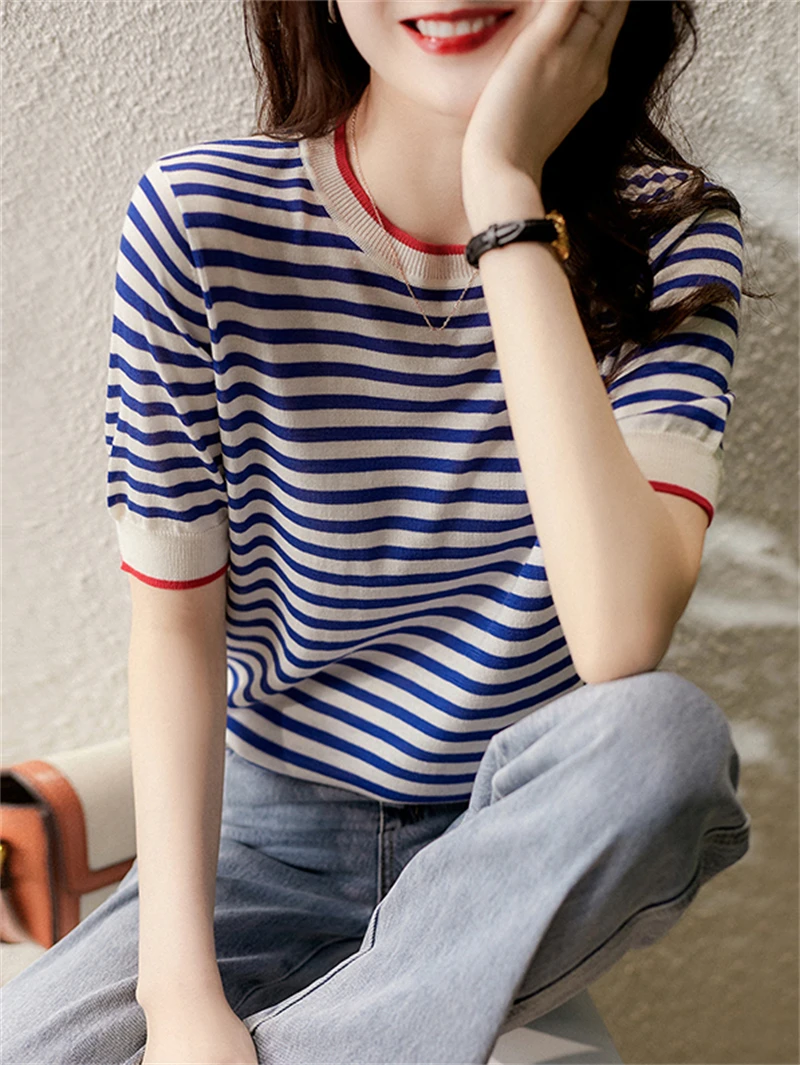 Summer New Contrast Stripe Short sleeved T-shirt Women\'s Round Neck Knitwear Women\'s Top 7555