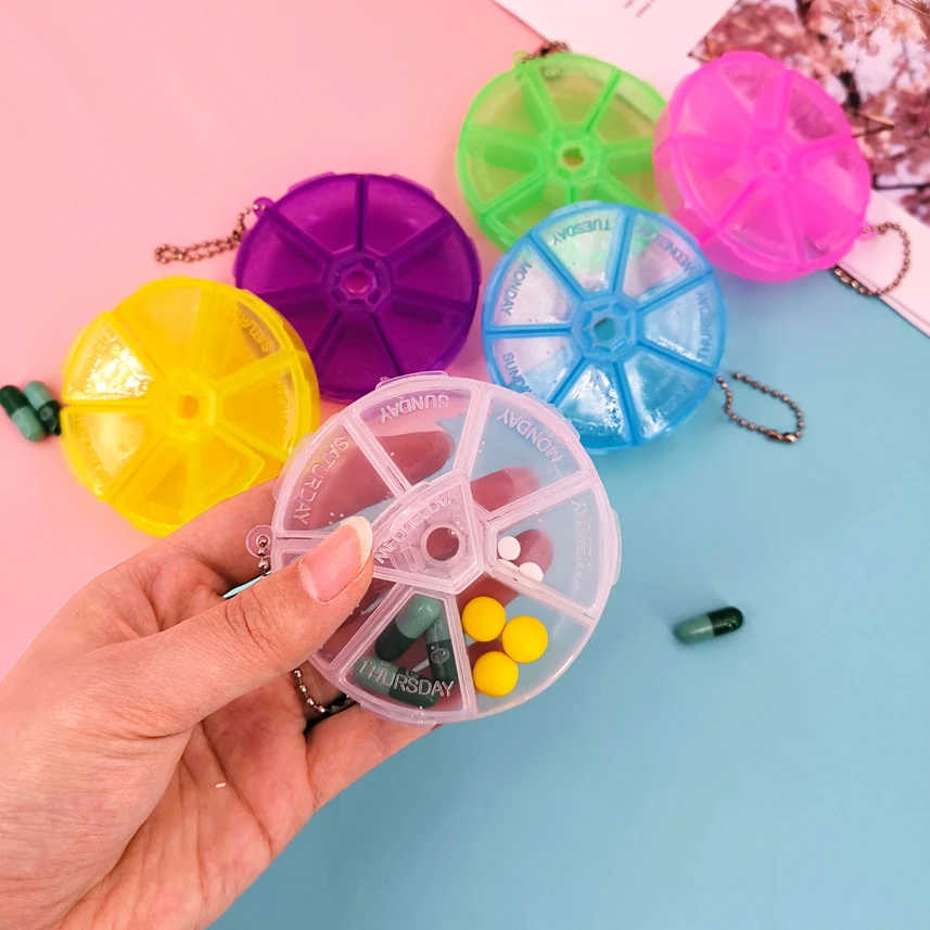 Runde Mini-Pillendose für 7 Tage, wöchentlich, Medikamenten, Tabletten, Spender, Organizer, Behälter, Aufbewahrung, Outdoor, Reisen, Aufbewahrungsbox