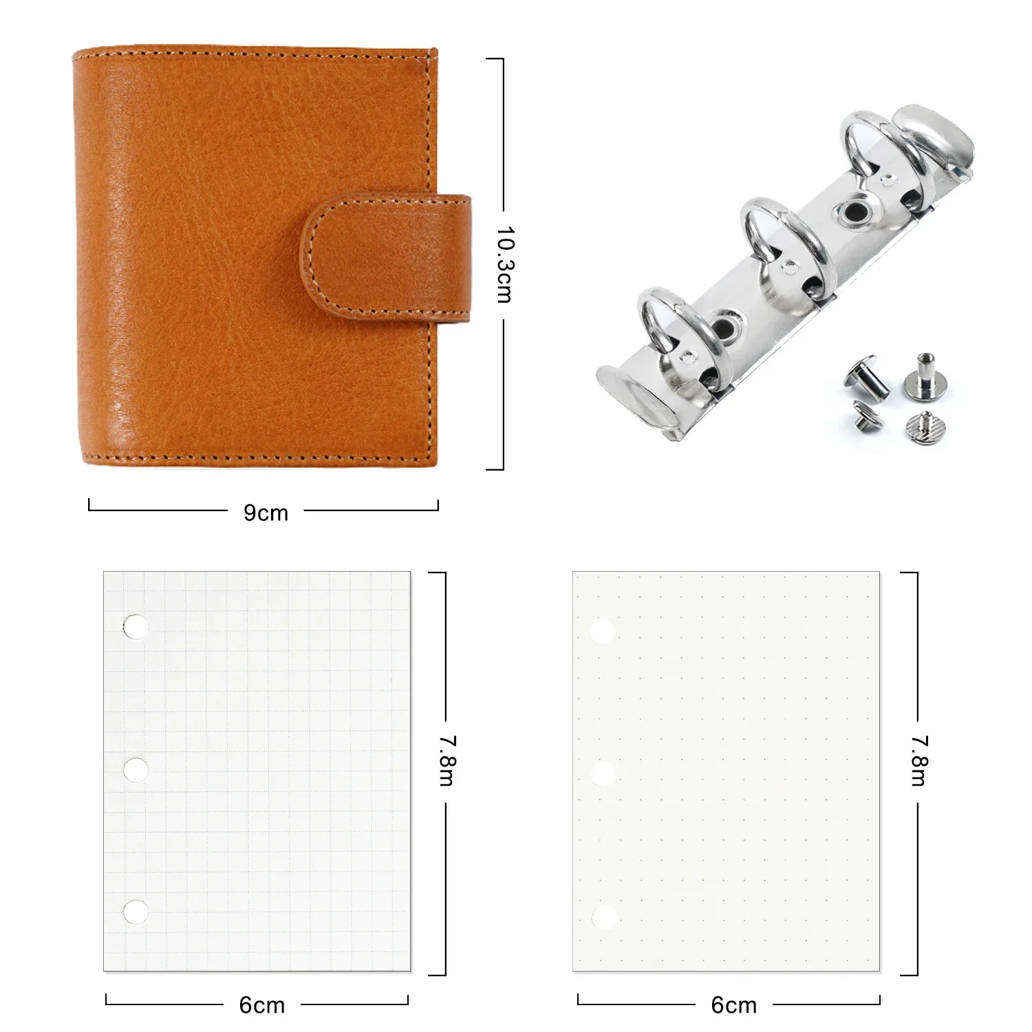 Moterm Full Grain Veg Tan Leather Regular A9 Size Rings Planner 3-hole Mini Ring Notebook with 19MM Ring Organizer Journey Diary