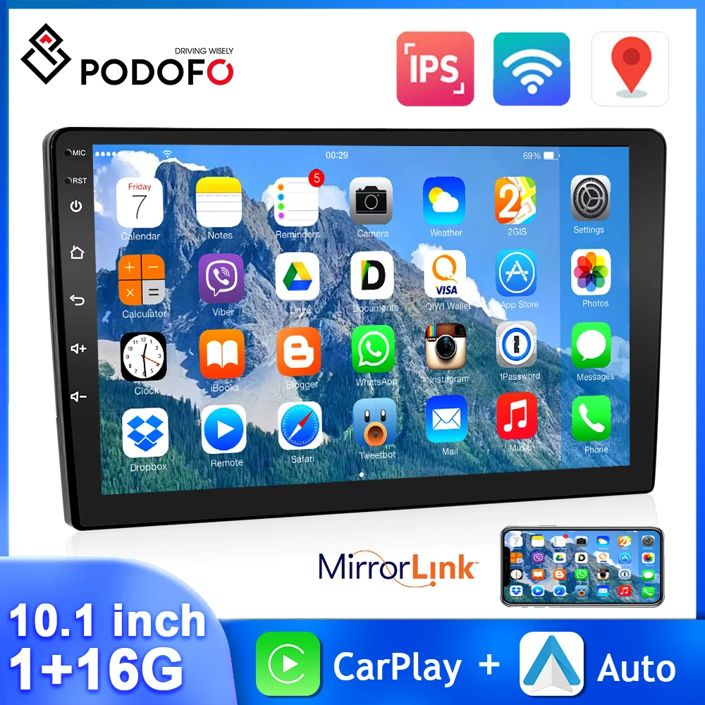 Podofo 10.1'' 2Din Car Radio Touch Screen Multimedia Player GPS Navigation Bluetooth Mirror Link WIFI Android 1+16G Car Stereo